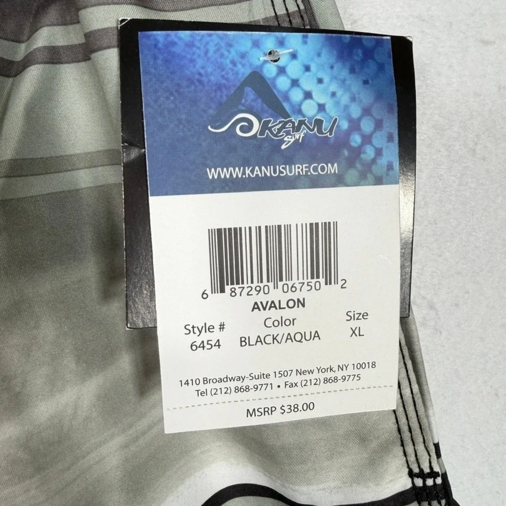 Kanu Surf Avalon Men's Swim Trunks Black Aqua Stripe XL NWT UPF 50+